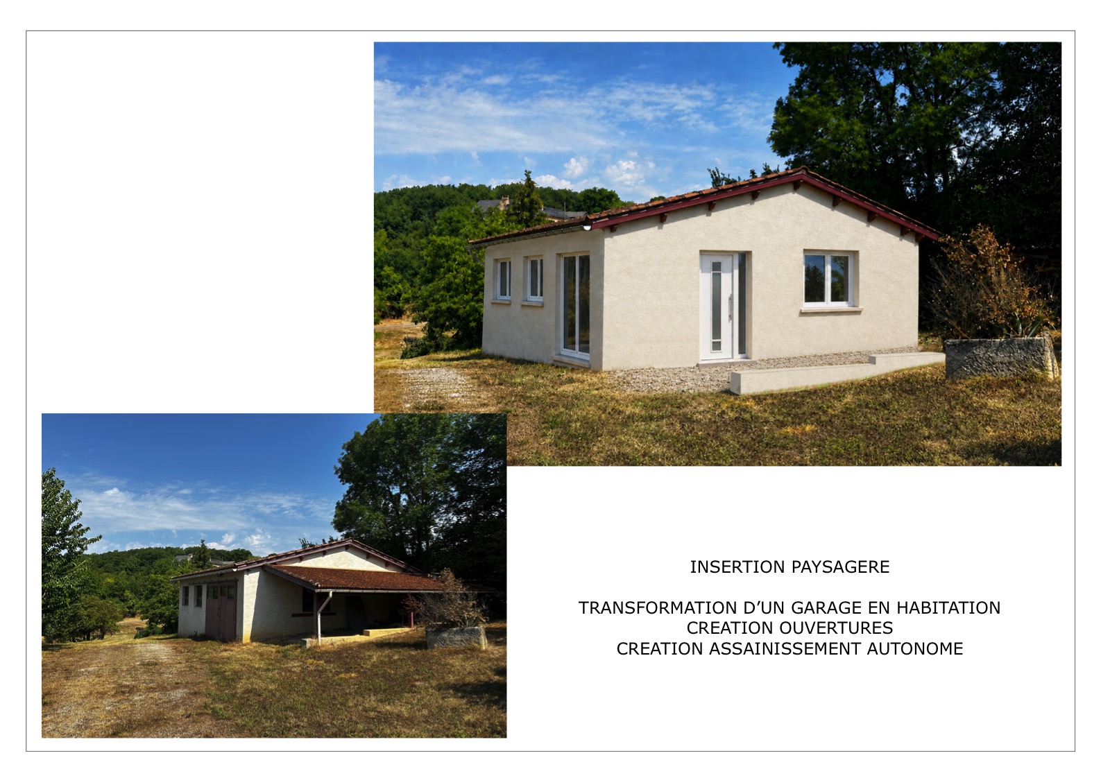 Avant et après : transformation d'un garage en habitation, création d'ouvertures et d'un assainissement autonome